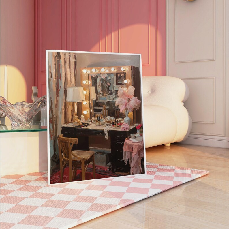May include: An oil painting of a vanity table with a lighted mirror, adorned with makeup and accessories. The painting is set in a pink-themed room with a white chair, a glass table, and a pink and white checkered rug.