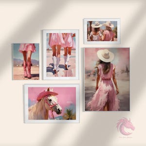 Juego de 5 impresiones de pared con temática vaquera costera preppy, imprimibles del oeste, decoración de habitación femenina, arte de pared rosa y funky, sombrero y botas de vaquera rosa.