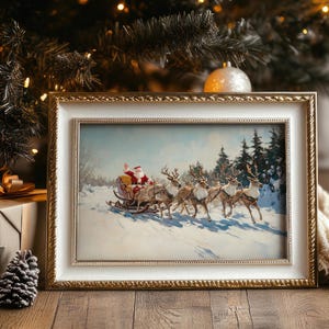 Santa Claus Christmas Printable Wall Art, Vintage Christmas Room Decor, Santa&#39;s Sleigh and Reindeers Painting, Holiday Art Digital Download
