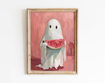 Ghost Eating Watermelon Printable Wall Art, Girly Halloween Poster, Preppy Fall Home Decor, Trendy Pink Spooky Poster, Food Digital Download