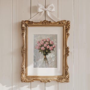 Arte de pared imprimible con ramo de rosas rosadas, estampado de flores coquetas, póster vintage rosa, decoración de habitación preppy, descarga digital de pintura de flores femeninas