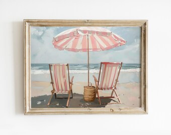 Pink Beach Umbrella Print: Trendy Preppy Coastal Wall Art (Digital Download