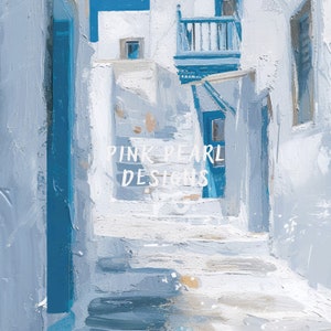 Preppy Mediterranean Travel Printable Wall Art, Greece Santorini Painting, Preppy Room Decor, Blue & White Girly Poster, Digital Download image 2