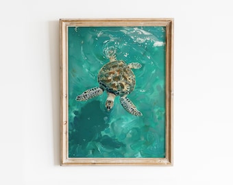 Impresión de tortuga marina turquesa: Arte mural costero de estilo preppy (descarga digital)