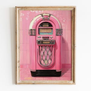 Arte de pared imprimible con Jukebox rosa, decoración de habitación preppy, impresión femenina con Jukebox vintage, arte de pared de moda, descarga digital de póster retro rosa fuerte