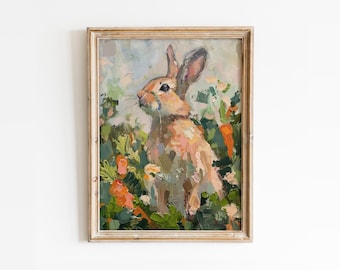 Bunny and Carrots Spring Art Print: Girly Easter Decor (Digital Download)