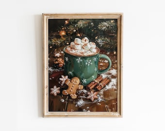 Print met warme chocolademelk en marshmallows: girly kerstdecor, poster gezellig keukencafé (digitale download)