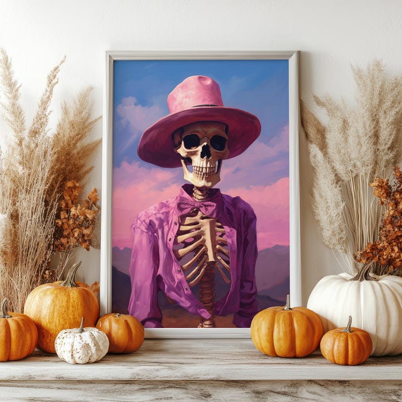 Impresión de esqueleto de vaquera preppy: decoración gótica y caprichosa para Halloween (descarga digital) imagen 6