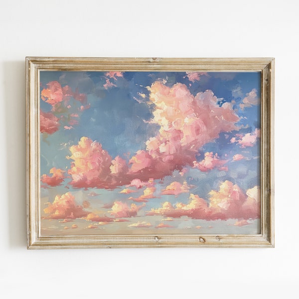 Roze wolken schilderij afdrukbare muurkunst, trendy lenteprints, preppy kamer decor, girly roze hemel zonsondergang poster, schattige wolken digitale download