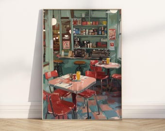 Lámina Giclée de Luke's Retro American Diner, Póster de Cafetería Acogedora, Decoración Femenina para Dormitorio, Arte de Pared de Bar de Cocina de los Años 2000