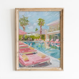 以下が含まれることがあります： プール、ヤシの木、ラウンジチェアのあるリゾートシーンの印象派絵画。アートワークは、ピンク、青、緑の色使いで、金色のフレームが特徴です。絵画は、レジャーとリラクゼーションの感覚を呼び起こします。