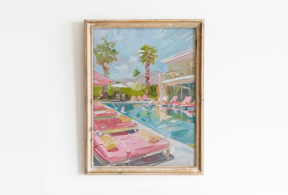 Pink Sunbeds Pool Art Print: Preppy Palm Springs Decor (Digital Download)