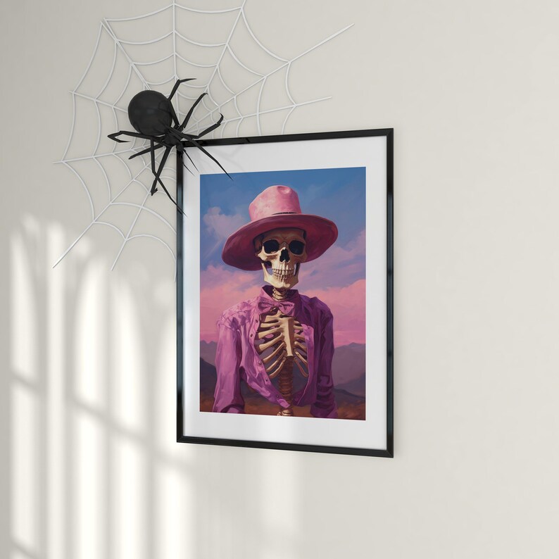 Impresión de esqueleto de vaquera preppy: decoración gótica y caprichosa para Halloween (descarga digital) imagen 4
