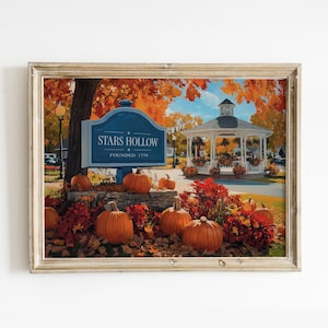 Arte de pared imprimible vintage de Stars Hollow, decoración de habitación acogedora de otoño, impresión de paisaje otoñal con calabazas, descarga digital de póster de Gilmore Girls