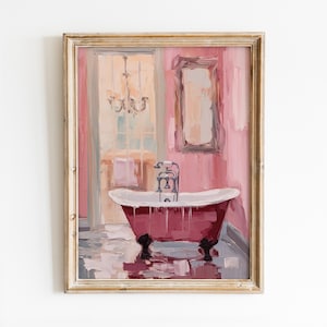 Pink Vintage Girly Bathroom Printable Wall Art, Trendy Bathtub Print, Preppy Room Decor, Retro Vanity Dressing Room Poster Digital Download
