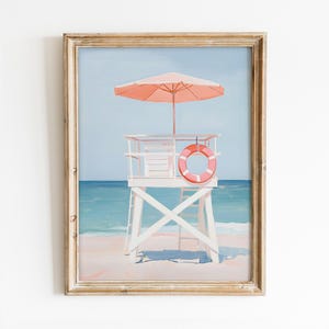 Lifeguard Tower Printable Wall Art, Trendy Coastal Poster, Preppy Beachy Room Decor, Girly Pink Summer Print, California Digital Download