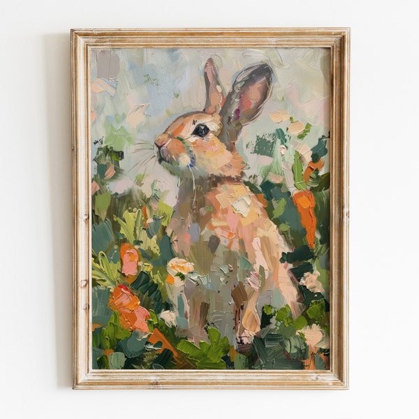 Cute Bunny Printable Wall Art, Rustic Rabbit Prints, Vintage Room Decor, Girly Spring Painting, Trendy Spring Wall Art Digital Download