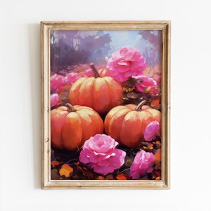 Cute Pumpkins Printable Wall Art, Preppy Room Decor, Trendy Fall Plant Print, Girly Pink Flowers Poster, Pink & Orange Art Digital Download