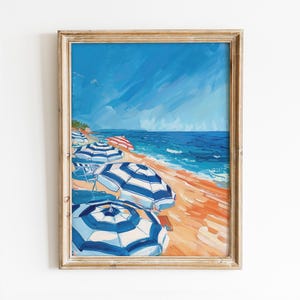 Arte mural imprimible con sombrillas de playa, póster de verano moderno, decoración de habitación preppy, impresión costera femenina, descarga digital de la Riviera Francesa.