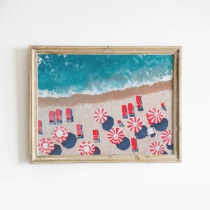 Retro Beach Umbrellas Printable Wall Art, Girly Summer Print, Preppy Beachy Room Decor, Trendy Coastal Poster, Red & Blue Digital Download