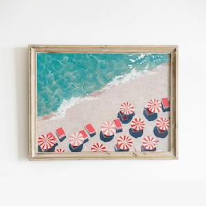 Retro Beach Umbrellas Printable Wall Art, Girly Summer Print, Preppy Beachy Room Decor, Trendy Coastal Poster, Red & Blue Digital Download
