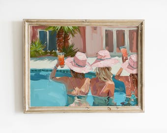 Girls by the Pool Art Print: Pink Preppy Summer Decor (Digital Download)