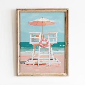 Preppy Lifeguard Tower Printable Wall Art, Trendy Coastal Poster, Beachy Room Decor, Girly Pink Summer Print, California Digital Download