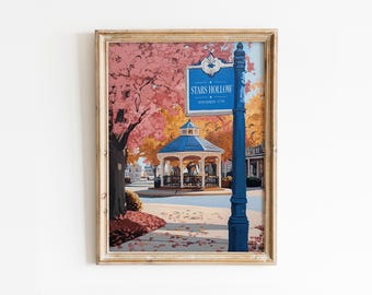 Vintage kleine stad print: gezellige herfstkamerdecoratie, sterren uitgehold in herfstlandschapsposter (digitale download)