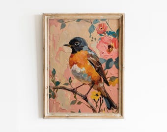 Baltimore Oriole Spring Bird Art: Cottagecore Floral Print (Digital Download)