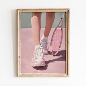 Girly Tennis Player Printable Wall Art, Coquette Pink Poster, Preppy Room Decor, Old Money Print, Trendy Tennis Racket Digital Download