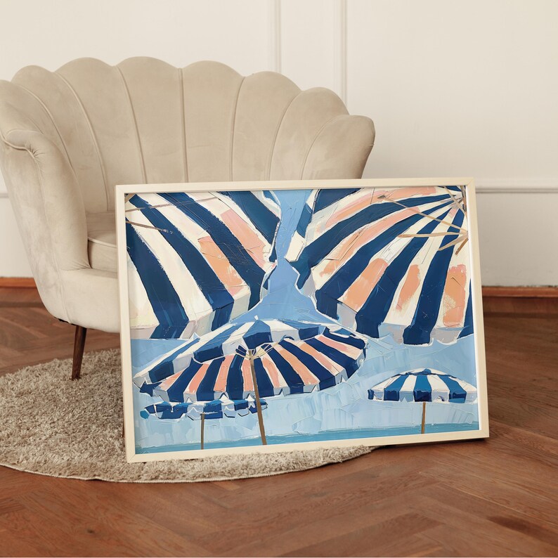 Navy Beach Umbrellas Print: Trendy French Summer Poster, Coastal Room Decor (Digital Download) image 5
