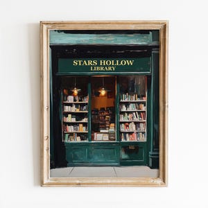 Arte murale stampabile vintage della biblioteca di Stars Hollow, decorazione autunnale per una stanza accogliente, stampa di una libreria vintage, poster di Gilmore Girls da scaricare in digitale