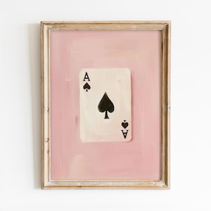 Schoppenaas kaart afdrukbare muurkunst, Lucky Girly poster, preppy kamerdecor, trendy roze speelkaartprint, veel geluk digitale download