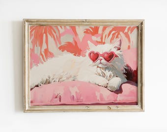 Preppy Cat with Sunglasses Print: Girly Palm Springs Summer Decor (Digital Download)