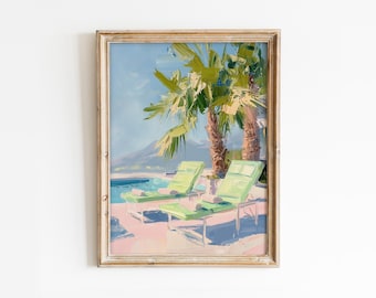 Könnte beinhalten: Ein gerahmtes Gemälde, das eine tropische Szene mit zwei grünen Liegestühlen am Pool zeigt. Im Hintergrund befinden sich Palmen und der Himmel ist blau.