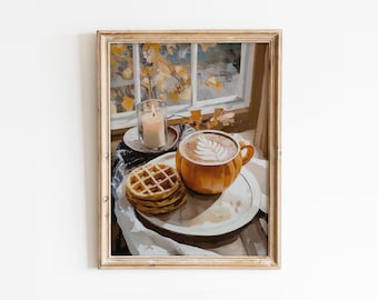Pumpkin Spice Latte Art Print: gezellige herfst keukendecor, koffie en wafelposter (digitale download)