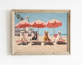 Impresión de perros divertidos en la playa: Decoración playera elegante (descarga digital)