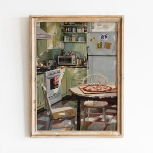 May include: A framed painting of a kitchen scene. The kitchen features a stove, refrigerator, and a round table with a pizza. The color palette includes shades of green, white, and brown, creating a warm and inviting atmosphere.