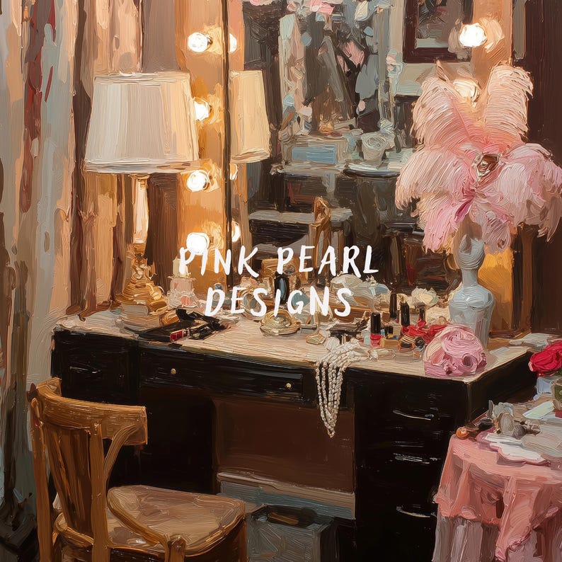 May include: An artistic rendering of a vanity table with a mirror and lamps. The table is adorned with makeup, jewelry, and a decorative pink feather arrangement. The text "PINK PEARL DESIGNS" is visible on the image.