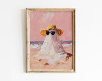 Cute Ghost with Sunglasses Printable Wall Art, Ghost on Beach Poster, Preppy Halloween Decor, Girly Spooky Print, Coastal Digital Download