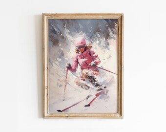Skiing Woman Pink Wall Art: Preppy Winter Holiday Print (Digital Download)