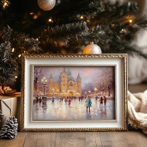 Ice Skating Vintage Christmas Printable Wall Art, Preppy Winter Landscape Prints, Girly Christmas Room Decor, Holiday Art Digital Download