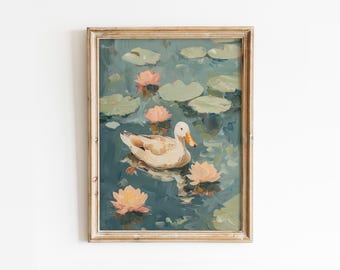 Duck and Lotus Flower Print: Vintage Cottagecore Animal Poster (Digital Download)