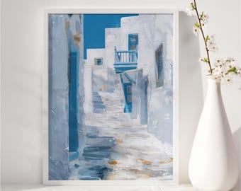Santorini Euro Summer Wall Art Print, Mykonos Greek Island Poster, Mediterranean Travel Painting, Girly Room Decor, Digital Download