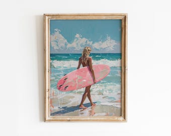 Surfer Girl Preppy Printable Wall Art, Girly Pink Surfboard Poster, Coastal Seasonal Room Decor, Summer Beachy Print Hawaii Digital Download
