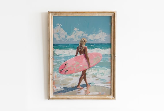 Surfer Girl With Pink Surfboard Print: Trendy Summer Poster