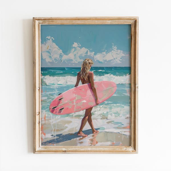 Stampa di una ragazza surfista con tavola da surf rosa: poster estivo alla moda, decorazione costiera e da spiaggia (download digitale)