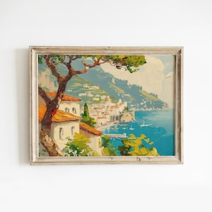 Amalfi Coast Printable Wall Art, Modny włoski plakat letni, Preppy Beachy Room Decor, Wydruk krajobrazu morskiego, Mediterrenian Digital Download