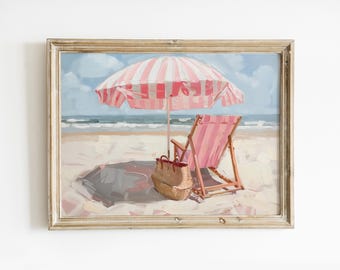 Blush Pink Beach Umbrella Print: Girly Coastal Wall Art (Digital Download)