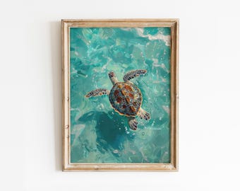Lámina artística de tortuga marina turquesa: decoración costera elegante (descarga digital)